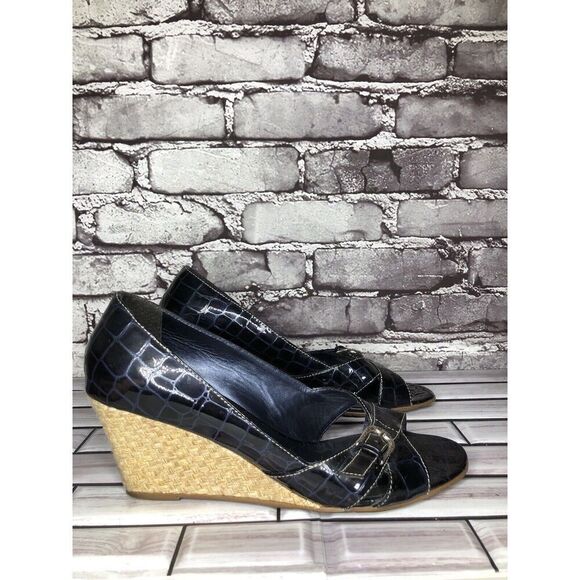 Brighton Riva Blue Croc Patent Leather Espadrille High Wedge Women Sz 9M US/40EU - Picture 8 of 16